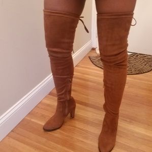 Tan Over-the-knee Heeled Faux Suede Tall Boots